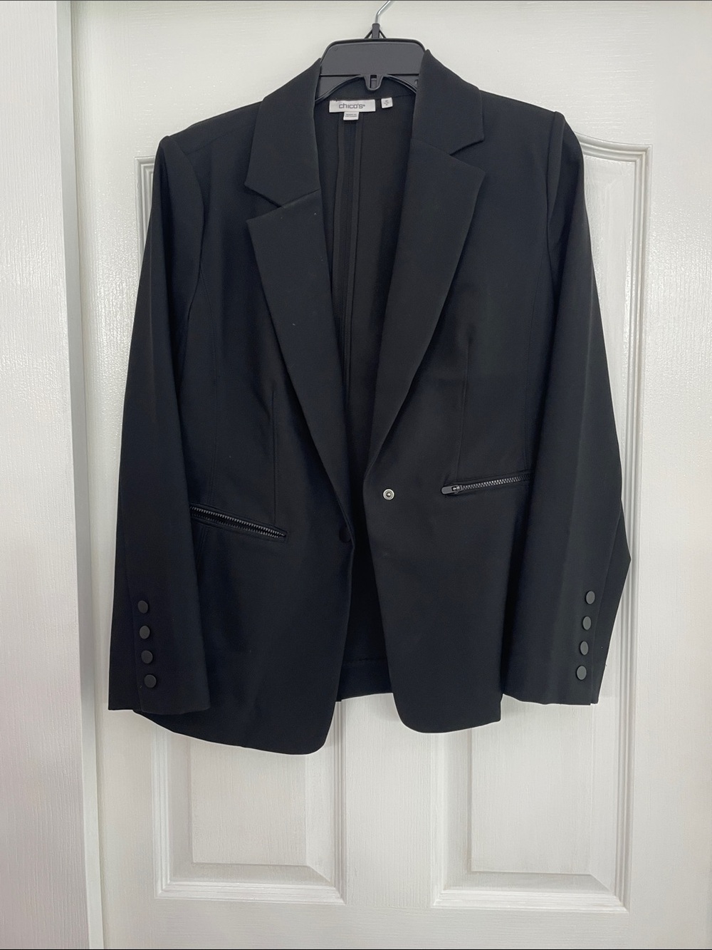 Chico's Classic Black Single-Button Blazer with Zip Accents